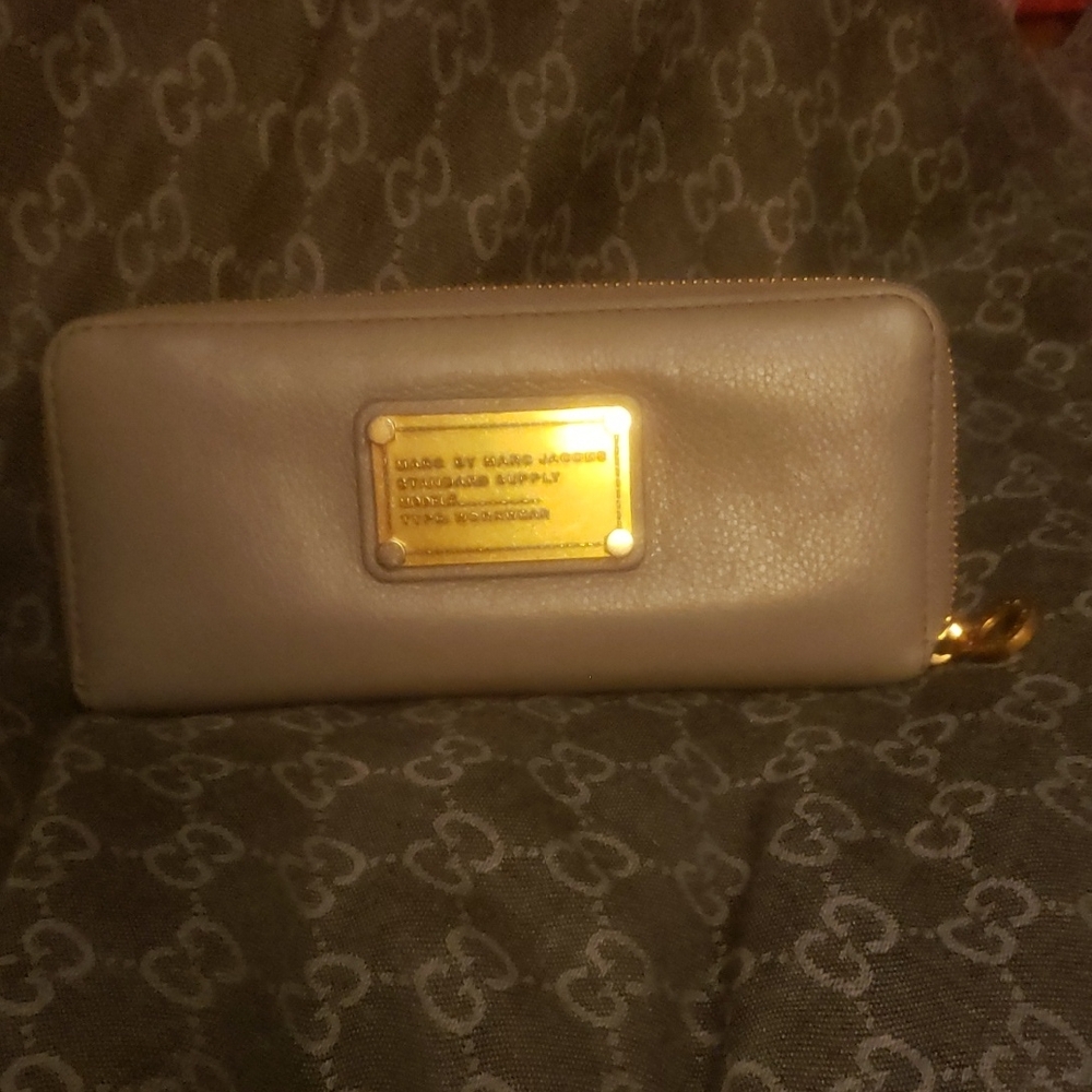 Marc Jacobs Taupe Leather Wallet with Gold Accents